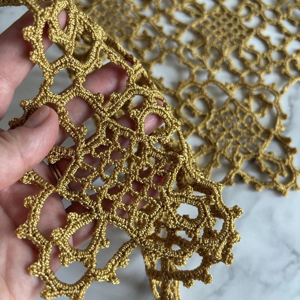 VTG Gold Metallic Crochet Lace Table Runner Joined Motif Handmade Dresser Scarf